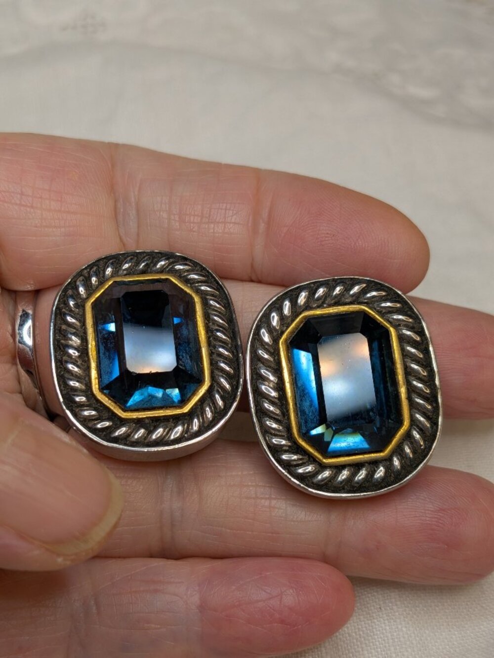 Vintage Two‑Tone Blue Glass Clip‑On Earrings – Renaissance Revival